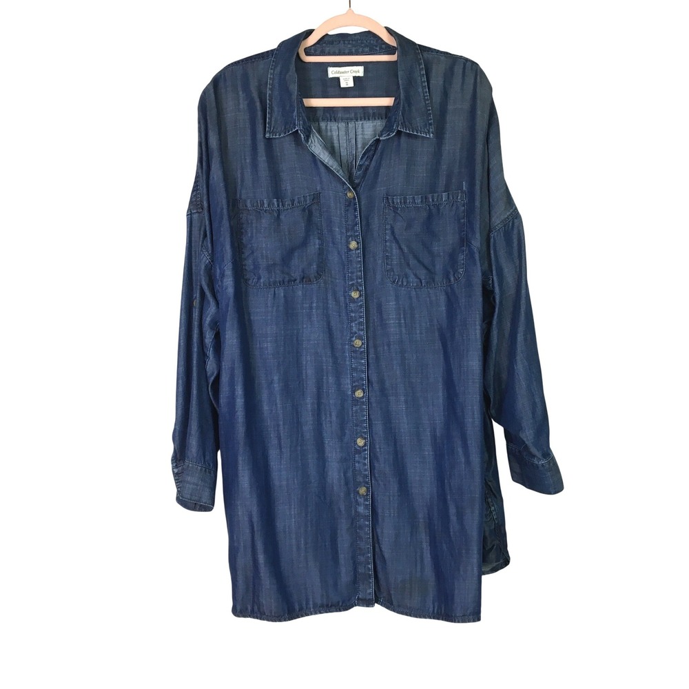 Coldwater Creek Tencel Lyocell Chambray Button Down Shirt Tunic 1X Blue
